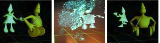 Figure 1: HOPE (left, in blue) and TRUST (right, in gold) now move in 3d in the Symphony Engine, and can be revealed and summoned through the screen by any number of simple movements made 