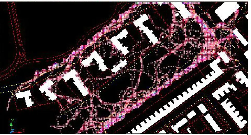 Fig 8 pheromone trails between buildings (marked yellow)