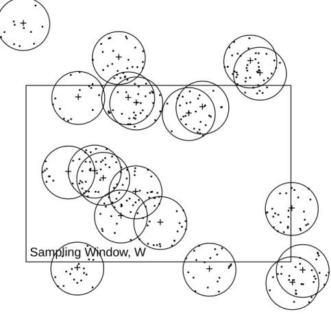 Figure 1: Edge effects for a Mat´ ern process. Parent process is homogeneous Poisson with a constant rate of 20 in a 20 × 20 square field