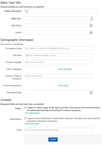 Figure 1: The web form prepared in this study for Twitter users to submit their information
