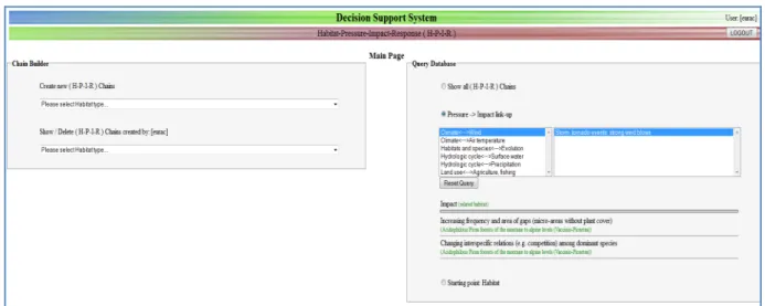 Figure  12:  The  Pressure  -> Impact link-up  tool on the right hand side allows to query the database starting from a  pressure