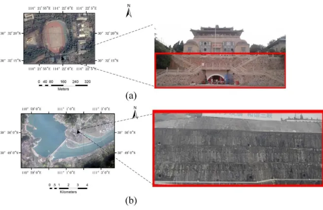 Figure 10. Quick view of test fields. ((a) flag platform of Wuhan University.; (b) high slope  of  Three  Gorges  Project  permanent  lock