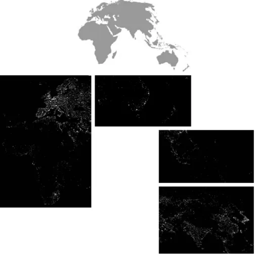 FIGURE 1.13 Infrared satellite images of the remaining populated part of the world. The small gray map is provided for reference.