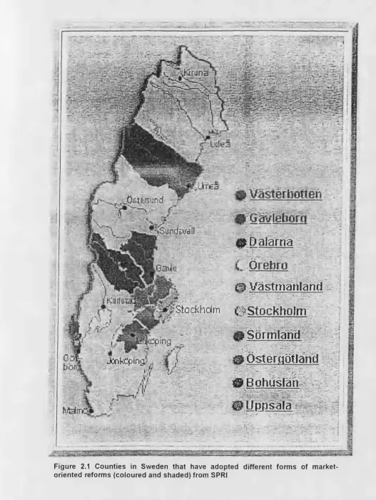Figure 2.1 Counties in Sweden that have adopted different forms of market- 