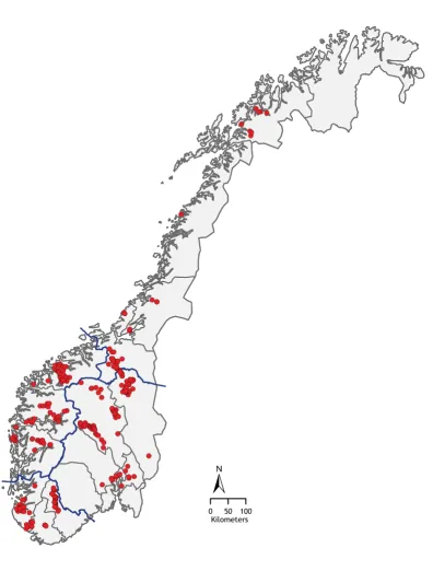 Figure 1Map of Norway showing the location of the sheep flocks from which cases of clinical mastitis were obtainedMap of Norway showing the location of the sheep flocks from which cases of clinical mastitis were obtained