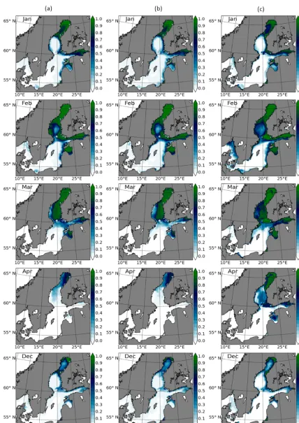Figure 12. The monthly mean sea-ice concentrations in FREE (a), ASSIM (b) and IceMap (c), respectively.