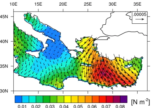 Fig. 15. Temperature change through vertical advection averagedbetween 12 and 42 m of depth (colours) and vertical velocities (ﬁllpatterns, positive values for upward velocities) in July for CTRL.