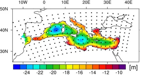 Fig. 1. Topography changes between 9K and CTRL. The superim-posed dots represent 1 of each 10 grid box centre of the model ineach direction.
