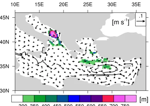 Fig. 3.Modelled March mixed layer depth (colours) and near-surface currents ﬁeld (arrows) at 27 m depth for CTRL