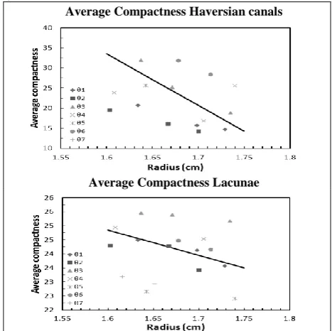 Fig. 11 The compactness of the Haversian canals, lacunae and  canaliculi vs. θ for all distal values (cm): R1=1.608603, R2= 1.640754, R3= 1.671513, R4= 1.70378, R5= 1.733987  