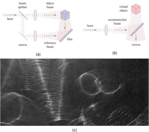 Figure 12.4. Holograms: (a) capturing the interference patterns between a reference beam and an object beam; (b) striking the hologram with the reference beam to exttract the object beam and produce a hologram of the object; (c) a typical interference patt