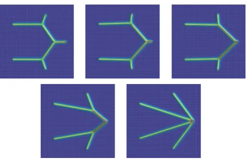 Figure 1.4: Gilbert–Steiner solutions associated to parameters α = 0.2, 0.4, 0.6, 0.8 and1 (from left to right)