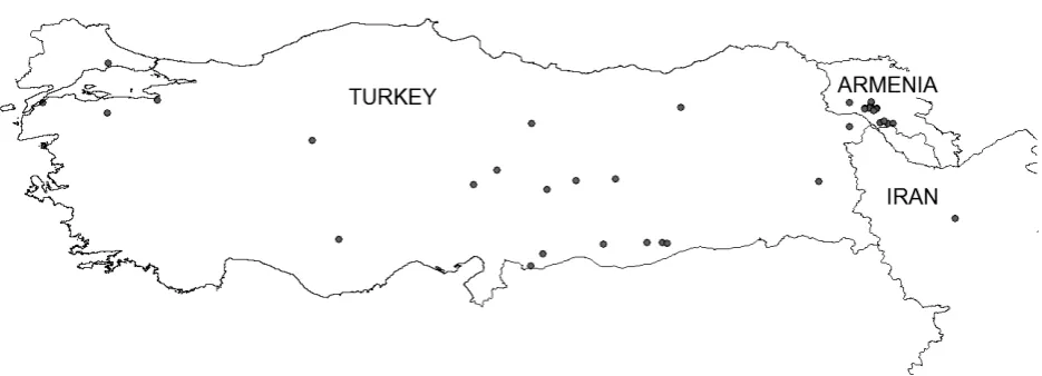 Figure 1. Collection sites of the studied accessions of Triticum boeoticum and T. urartu