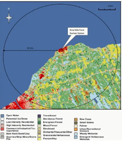 Figure 1.2 Land use map from USGS around the Nine Mile Point Nuclear Power Plant. In the radius of 10 
