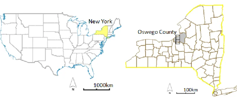Figure 2.2 Study area - Oswego County, New York, USA, showing the RapidEye image grids