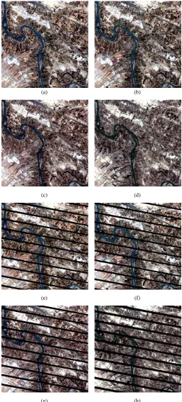 Fig. 3.  Red-green-blue composites of Landsat7 SLC-on images acquired in 2001 for the simulation test: (a-d) acquired on June 6, June 22, July 8 and September 10 respectively