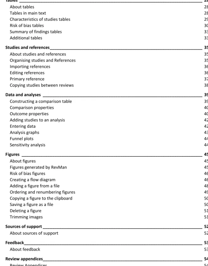 Table Of Contents  Tables ______________________________________________________________________________ 28 About tables  28 Tables in main text  28 Characteristics of studies tables  29 Risk of bias tables  30 Summary of findings tables  33 Additional tab