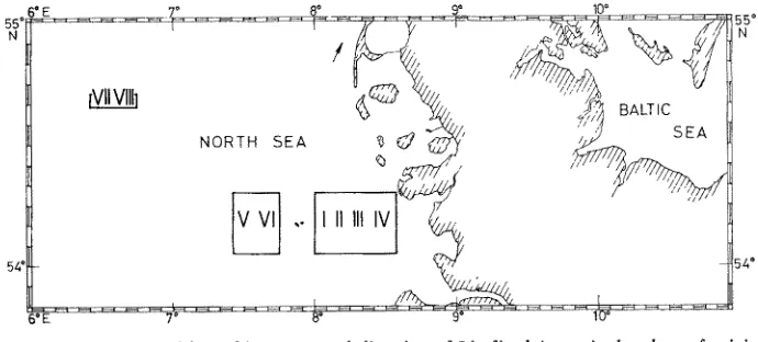 Fig. 1 : Survey map with tracking areas and direction of Limfjord (arrow), the place of origin of the eels Nos