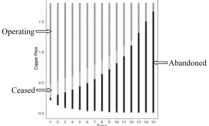 Fig. 1. Regions of optimal decisions (a mapping of the Monte Carlo  realizations of copper price onto the decision space at each time step): ‘operating’ (top, dark grey), ‘ceased’ (intermediate, light grey) and ‘abandoned’ (bottom, black)