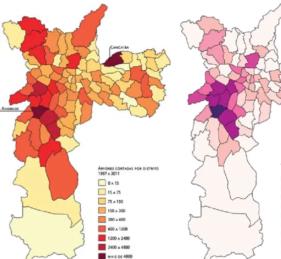 Figure 2: Number of legally removed trees between  1997 and 2011 per São Paulo district