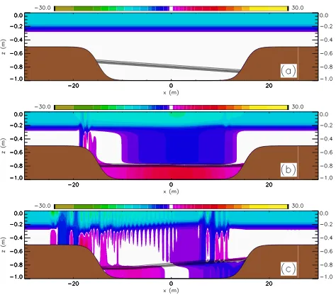 Fig. 14. Contour plots of the density ﬁeld (solid lines) and hori-gions wherezontal velocity ﬁeld (colours) for the deep seiche
