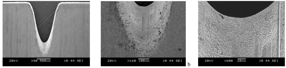 Fig. 10. Slots machined with AECG process with U-E = 6 VDC (a – magnification 40x, b – magn