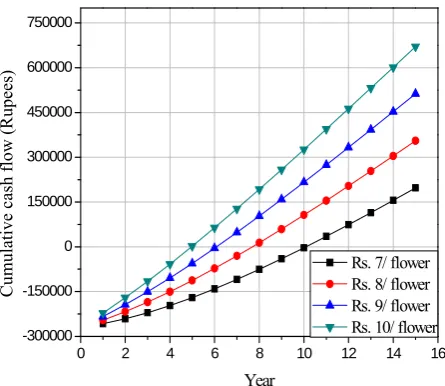 Fig. 5: Cumulative cash flow at various flower prices 