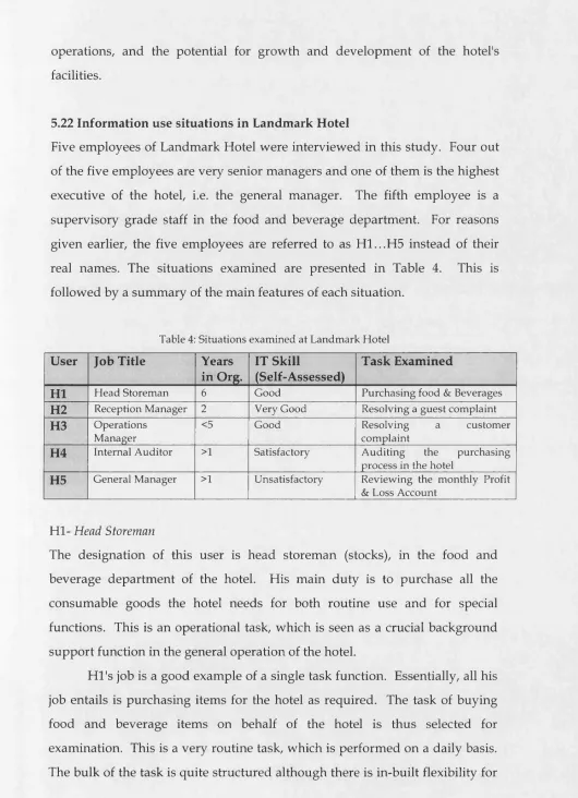 Table 4: Situations examined at Landmark Hotel