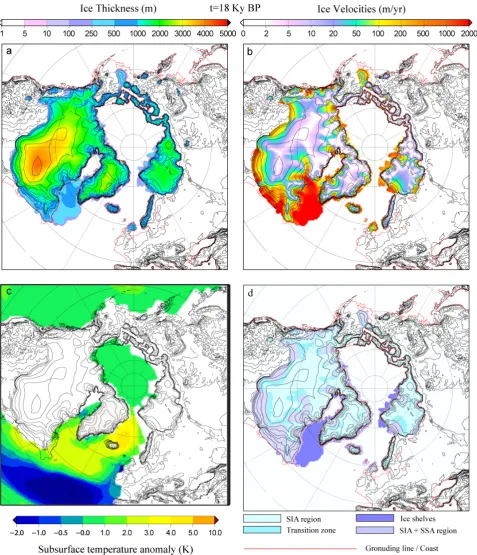 Fig. 1. Northern Hemisphere ice sheets simulated by the GRISLI model at 18 ka BP, prior to Heinrich event 1, in terms of ice thickness (a),ice velocities (b) and subsurface (550–1050 m) mean annual temperature anomaly (in K) in response to the shutdown of 