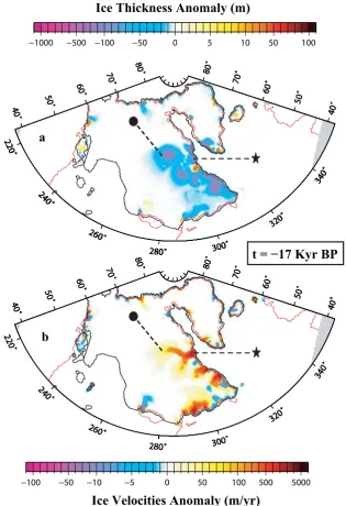 Fig. 2. Ice thickness (in m) and velocity (in m yrthe oceanic circulation changes (implying an oceanic subsurface warming) after one thousand years at 17 ka BP