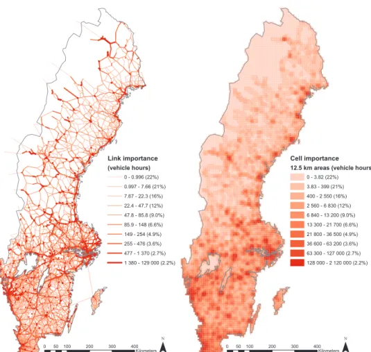 Figure 5: Element importance, 12 hour closure duration. Left: Single links. Right: 12.5 × 12.5 km 2 cells