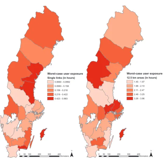 Figure 6: Worst-case user exposure of Swedish counties, 12 hour closure duration. Left: