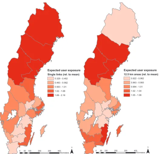 Figure 7: Expected user exposure of Swedish counties, 12 hour closure duration. Left: