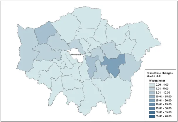 Figure 4.2: Changes in travel times from Westminster due to JLE