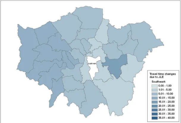 Figure 4.4: Changes in travel times from Southwark due to JLE