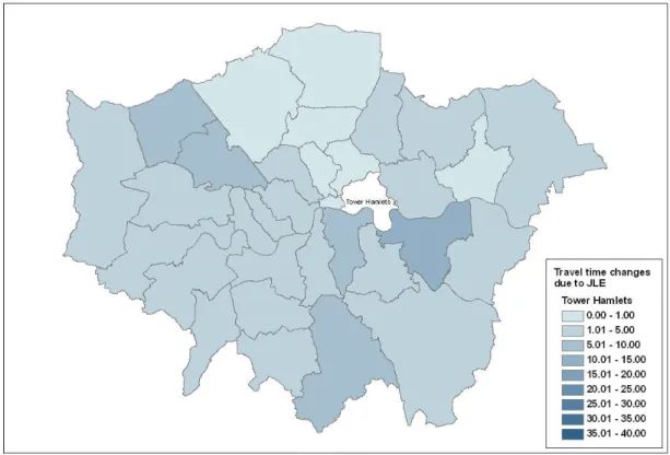 Figure 4.6: Changes in travel times from Tower Hamlets due to JLE