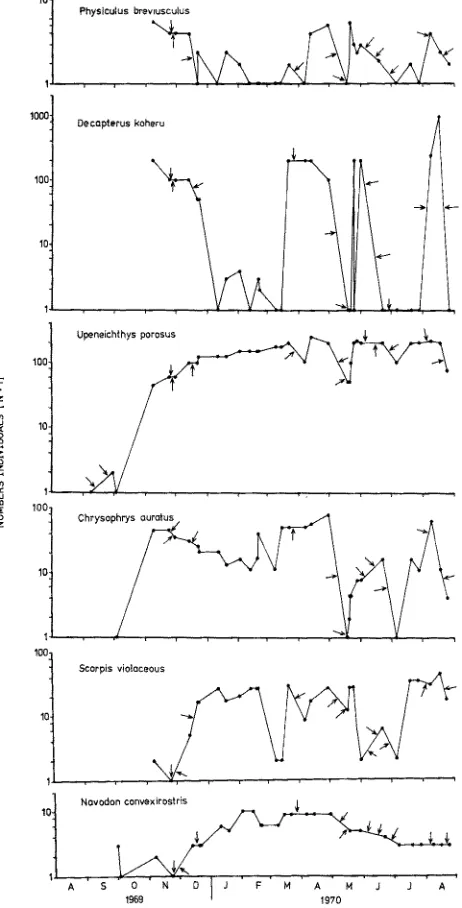 Fig. 4: Fish census data. Changes in the numbers of individuals of six species with time