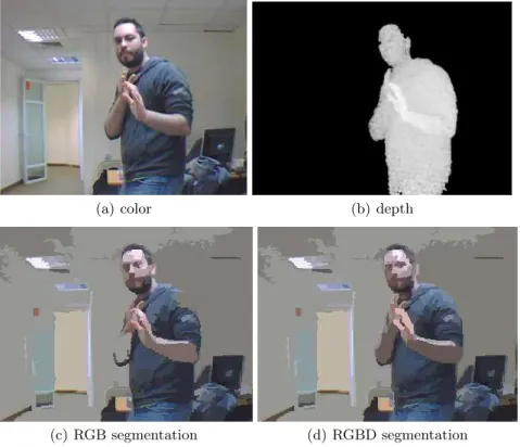 Fig. 3. Segmentation of image with partial occlusion. Note the person’s right arm and left shoulder in (c) are incorrectly clustered with the background