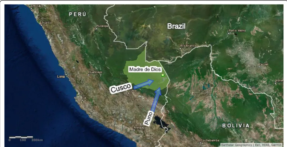 Fig. 1 Map illustrating the major migration patterns to Madre de Dios following the construction of the Interoceanic Highway