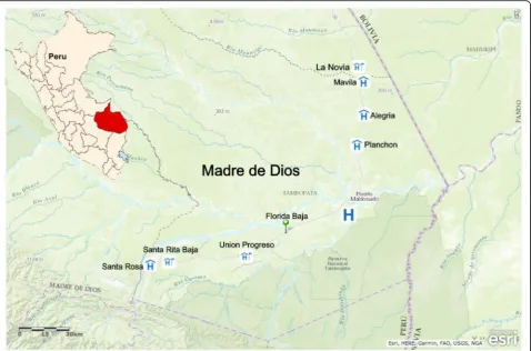 Fig. 2 Map of Madre de Dios and the surrounding eight communities involved in the study