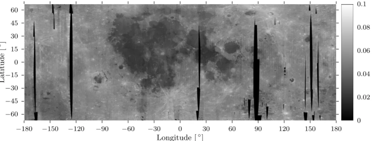 Figure 4.4: The near-global normalized reflectance mosaic derived from the M 3 channel centred at 1579 nm, constructed using the framework of (W¨ ohler et al., 2014).