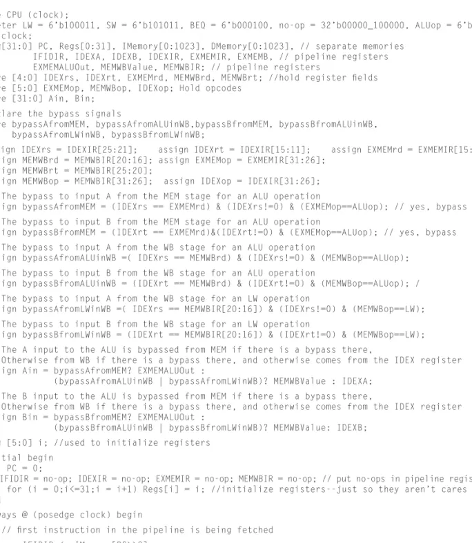 FIGURE 4.12.2  A behavioral defi nition of the fi ve-stage MIPS pipeline with bypassing to ALU operations and address  calculations