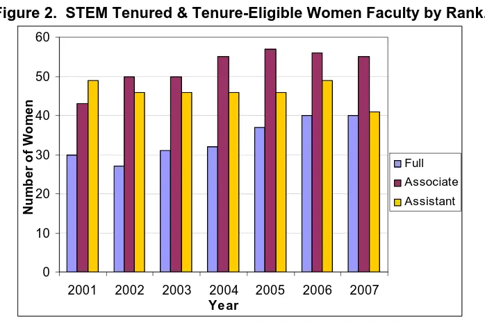 Figure 2.  STEM Tenured & Tenure-Eligible Women Faculty by Rank. 