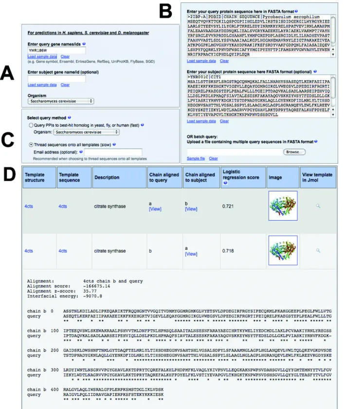 Figure 3. Web interface and output of Struct2Net. (A and B) Web server entry page. (C) A query  option for either a quick-but-approximate approach (using orthology over pre-computed predictions  from yeast, fly and human) or a full-blown computation using 