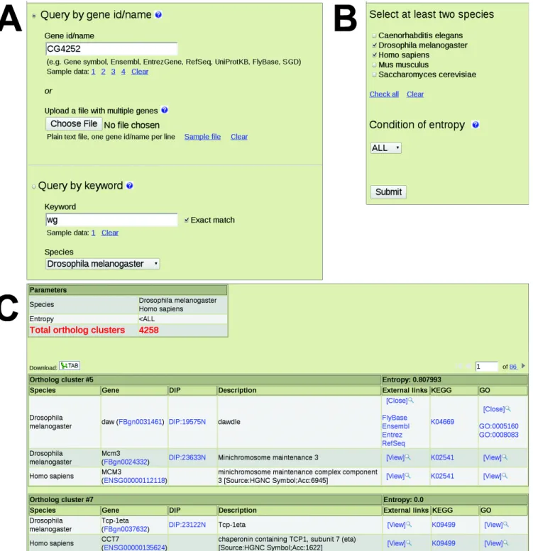 Figure 4. Web interface and output of IsoBase. (A and B) Web server entry page. (C) Example of an  output page when choosing to browse through all ortholog clusters predicted over the PPI network  alignment of two species, D