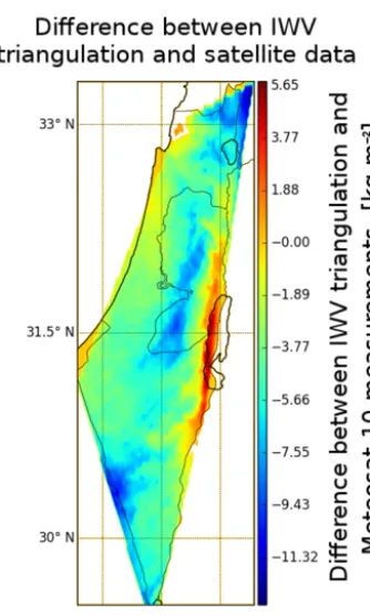 Figure 16. Comparison between triangulated GPS-IWV and WVdistribution maps constructed from Meteosat-10 7.3 µm channelfor 21 August 2015 at 12:00