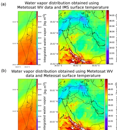 Figure 13. Example for regional WV Distribution maps above Israel (left) and for the entire Middle East region (right) constructedfrom Meteosat-10 7.3 µm channel for 21 August 2015 at 12:00