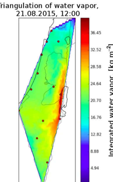 Figure 14. Triangulation of IWV above Israel for 21 August 2015.Red dots represent all available GPS stations (16 in number) thatwere accounted for.