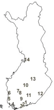 Fig. 1. The fourteen teams on the map of Finland 