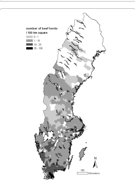 Figure 3 Areas with high or low prevalences of (a) BCV and (b) BRSV, obtained by a spatial scan statistic (Kulldorff, 1997), using the cen-troids of the three-digit postal code areas as coordinates (p < 0.01)
